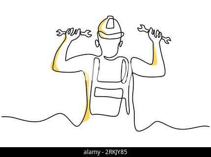 One continuous single line drawing of young man mechanic wearing hard hat and holding wrench set. Professional work job occupation minimalist concept. Stock Vector