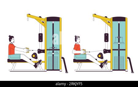 Muscle building with seated row machine flat line vector spot illustration Stock Vector