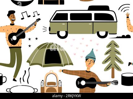 Seamless pattern of people on vacation in the park at a picnic, forest and trees. Colorful sketch cartoon illustration of camping and tourism equipmen Stock Vector