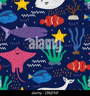 Seamless pattern with clownfish, blue tang fish, beluga whale, whale shark, spotted eagle ray. Childish texture for fabric, textile, apparel. Vector i Stock Vector