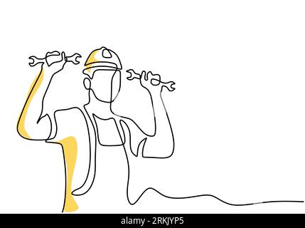One continuous single line drawing of young man mechanic wearing hard hat and holding wrench set. Professional work job occupation minimalist concept. Stock Vector