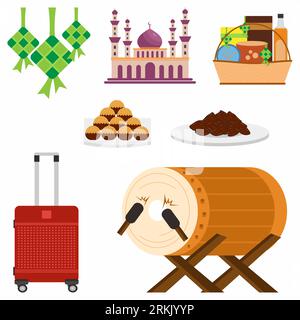 Set of islamic stuff such ketupat, mosque, parcel, suitcase, bedug, cake and dates isolated on white background. Stock Vector