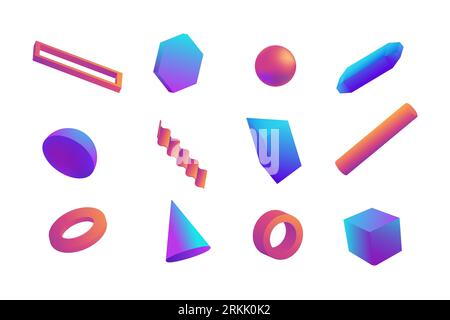 Neon geometric 3d shapes set. Torus with purple hexagon and triangle Stock Vector