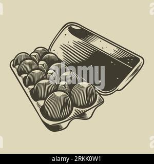 Vector detailed line art packed eggs hand drawn retro illustration. Vintage engraving sketch of egg box. Farm product minimalist concept. Vector illus Stock Vector