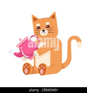 Smiling ginger cat holding teapot semi flat color vector character Stock Vector