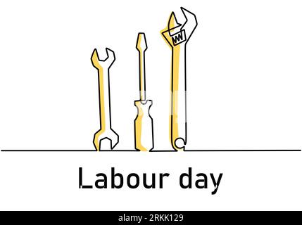 Single continuous line art screwdriver, wrench, spanner with lettering Labour Day. 1st May celebration. Happy Labour Day concept isolated on white bac Stock Vector