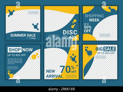 Summer social media banner template collection with blue and yellow colors. Elegant sale and discount promo backgrounds with abstract pattern. Vector Stock Vector