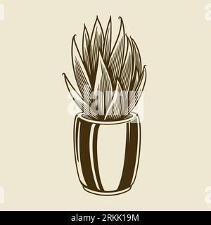 Hand drawn cactus in engraved style. House cactus in the pot vintage isolated design element. Vector illustration doodle sketch. Can be used for cards Stock Vector