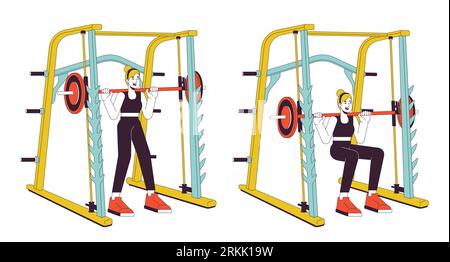 Working out on weight power rack flat line vector spot illustration Stock Vector