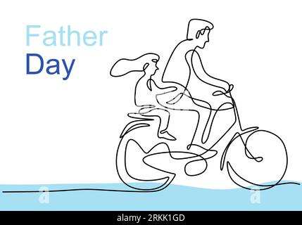 Continuous single line drawing young father and his daughter riding bicycle at public park hand drawn line art minimalist design. Happy Father's Day c Stock Vector