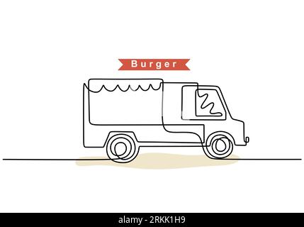 Single continuous line of burger food truck. Burger truck in one line style isolated on white background. Stock Vector