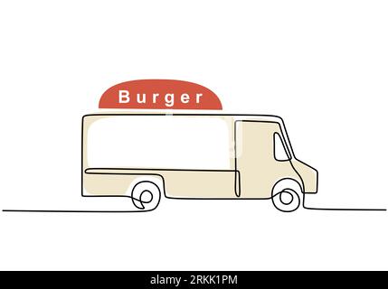 Single continuous line of burger food truck. Burger truck in one line style isolated on white background. Stock Vector