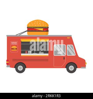 Fast food on truck. Burger truck delivery service in cartoon design. Small business concept. Can be used for web design, info chart, brochure template Stock Vector