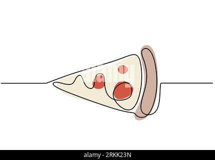 Single continuous line of piece of pizza. Piece of pizza fast food in one line style isolated on white background. Stock Vector