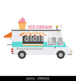 Vector illustration isolated ice cream car on white background. Delivery ice cream cone tasty dessert. Street Food Truck concept. Flat cartoon style e Stock Vector