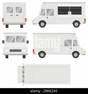 Set of white food truck. Mobile kitchen van isolated on white background. Corporate identity element. View from side, front, back, top. Flat cartoon v Stock Vector