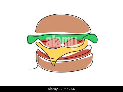 Single continuous line of Hamburger. Big burger fast food in one line style isolated on white background. Stock Vector