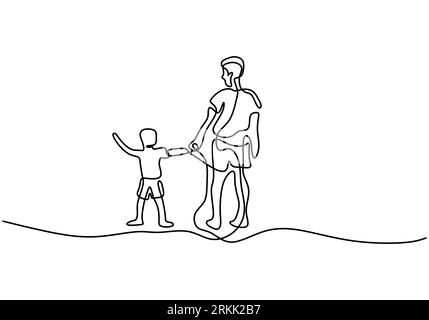 Father walking together with his son continuous one line drawing. Happy Father's Day minimalism concept. Fatherhood poster with man and child holding Stock Vector