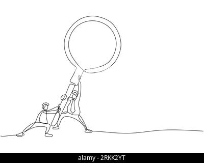 Continuous line of two businessmen bringing big magnifying glass. Single line of business concept. Businessman and magnifying glass for business conce Stock Vector