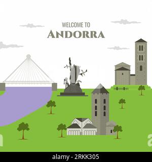 Welcome to Andorra postcard. Travel and trip tourist vacation concept of Europe world map vector illustration with landmark building collection in fla Stock Vector