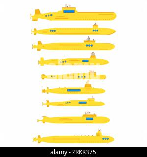 Set of yellow submarines in flat element style isolated on white background. Stock Vector