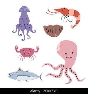 Seafood or sea animals elements isolated on white background. Stock Vector