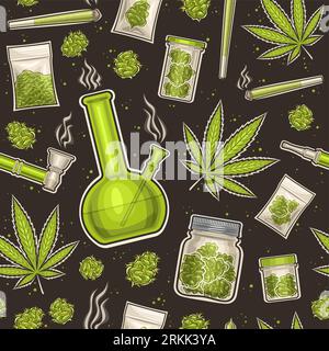 Vector Cannabis Seamless Pattern, repeat background with illustration of set flat lay medicinal cannabis green herb, drug plastic bag, weed preroll, g Stock Vector