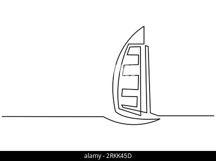 One line of Luxury seven stars hotel in Dubai. Burj Al Arab Jumeirah resort hotel on white background. continuous one line drawing Stock Vector