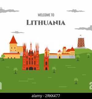 Lithuania famous landmarks infographic templates for traveling flat cartoon style. Vector illustration can be use for poster travel book, postcard, bi Stock Vector