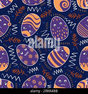 Cute easter seamless patterns with funny cartoon characters and floral isolated on navy blue background. Decor for easter wrapping or scrapbooking pap Stock Vector