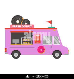 Donut truck icon. Street food van vehicle, delivery transport isolated on white background. Tasty dessert. Flat cartoon style vector illustration. Can Stock Vector