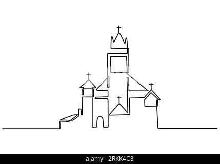Big church continuous one line drawing vector minimalist design. Christian symbol sign isolated one white background. Stock Vector