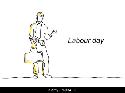 Single continuous line drawing of young handsome labour on uniform and hard hat isolated on white background. Building construction service concept on Stock Vector