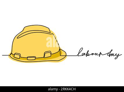 Happy Labour Day. One continuous line drawing of yellow hard hat with lettering Labour Day. Safety hard construction hat icon minimalist background, b Stock Vector