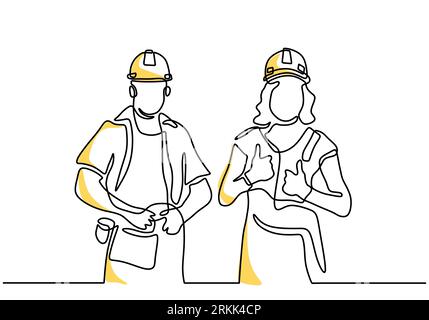 One continuous line drawing of young man and woman wearing hard hat. Young happy male and female building builder groups wearing helmet while standing Stock Vector