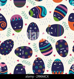 Cute easter egg seamless pattern. Childish easter egg with different expression. Vector flat cartoon illustration. Perfect for textile, wrapping paper Stock Vector