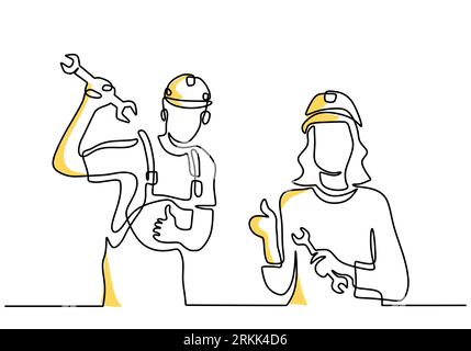 One continuous line drawing of young man and woman wearing hard hat. Young happy male and female building builder groups wearing helmet while standing Stock Vector