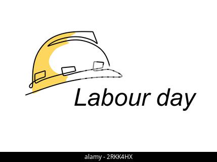 Happy Labour Day. One continuous line drawing of yellow hard hat with lettering Labour Day. Safety hard construction hat icon minimalist background, b Stock Vector