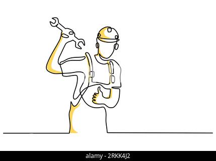 Single continuous line drawing of young handsome labour on uniform and hard hat isolated on white background. Building construction service concept on Stock Vector