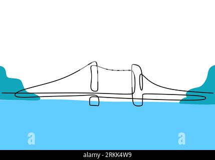 Giant bridge over river. Continuous one line of bridge drawing design. Simple modern minimalist style isolated on white background. Stock Vector
