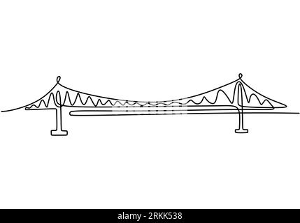 Giant bridge over river. Continuous one line of bridge drawing design. Simple modern minimalist style isolated on white background. Stock Vector