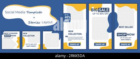 Set of trendy editable template for social networks stories and posts, vector illustration. Big sale promotion up to 40%. Abstract puzzle design backg Stock Vector