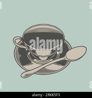 Hand drawn tea cup sketch in engraving style for menu or cafe. Antique porcelain cup of tea. Black old vintage cup plate isolated on grey background. Stock Vector