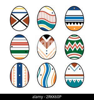 Set or collection of eight Easter eggs drawn in minimalist style. Colorful easter eggs with different textures, patterns and colors. Spring holiday. V Stock Vector