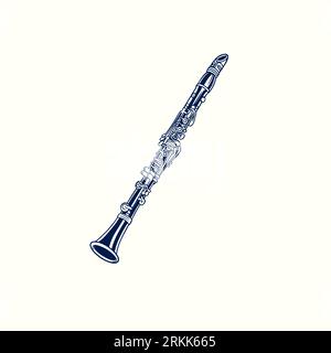 Vector hand drawn illustration of clarinet engraving old vintage style. Musical instrument isolated on white background. Wind music instruments concep Stock Vector