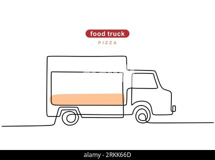 Single continuous line of pizza food truck. Pizza truck in one line style isolated on white background. Stock Vector