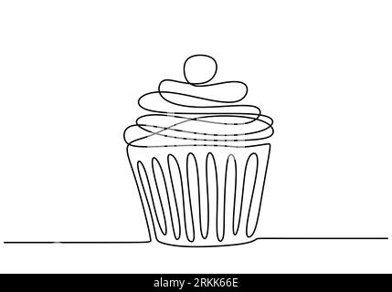 Single continuous line of cupcake. Cupcake fast food in one line style isolated on white background. Stock Vector