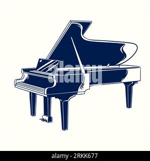 Vector hand drawn illustration of piano in vintage engraved style. Jazz classical music instrument grand piano isolated on white background. Detailed Stock Vector