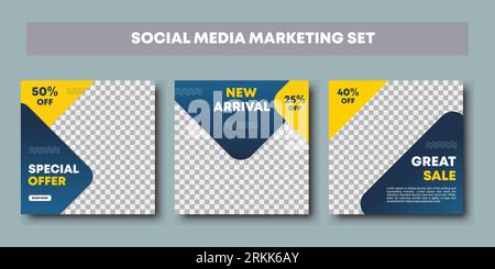 Editable post template social media banners for digital marketing set bundle. Blue and yellow background color with stripe line shape. Suitable for so Stock Vector