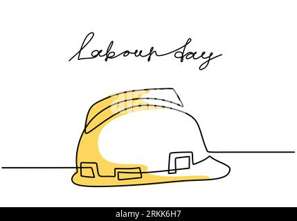 Happy Labour Day. One continuous line drawing of yellow hard hat with lettering Labour Day. Safety hard construction hat icon minimalist background, b Stock Vector